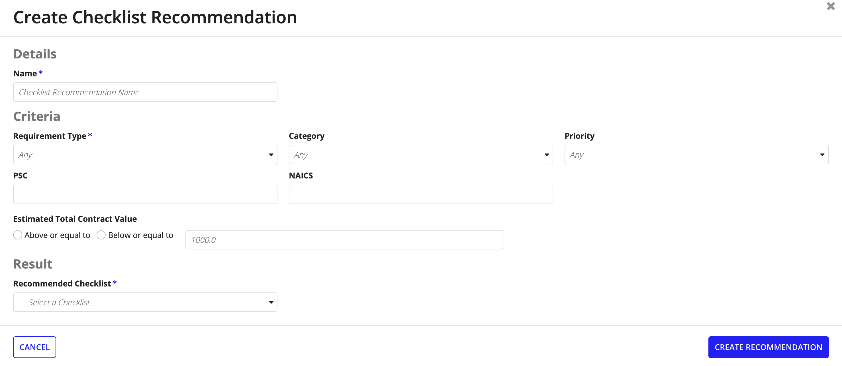 Create Checklist Recommendation wizard with fields for name, criteria, and result.