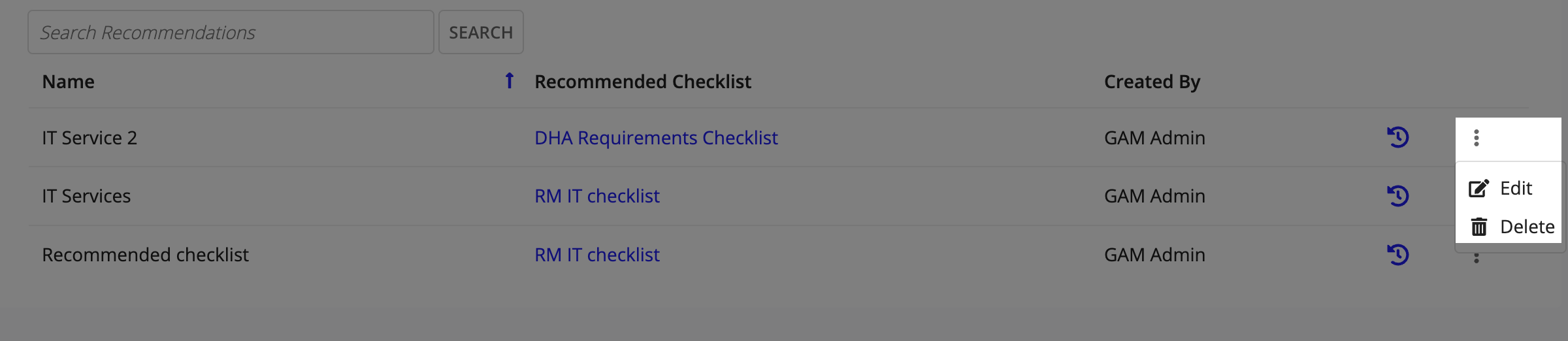 Checklist recommendations page: Vertical ellipsis menu with Edit/Delete options.
