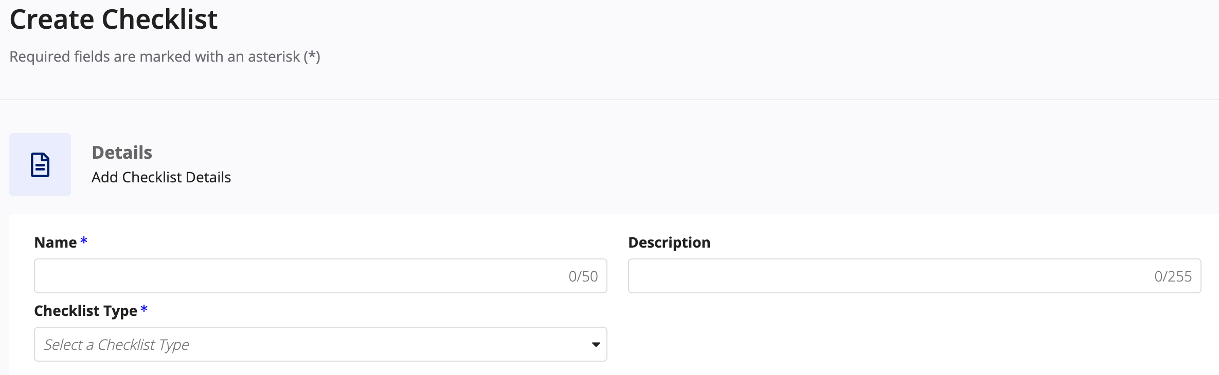 Create Checklist form showing Name, Description, and Checklist Type fields.