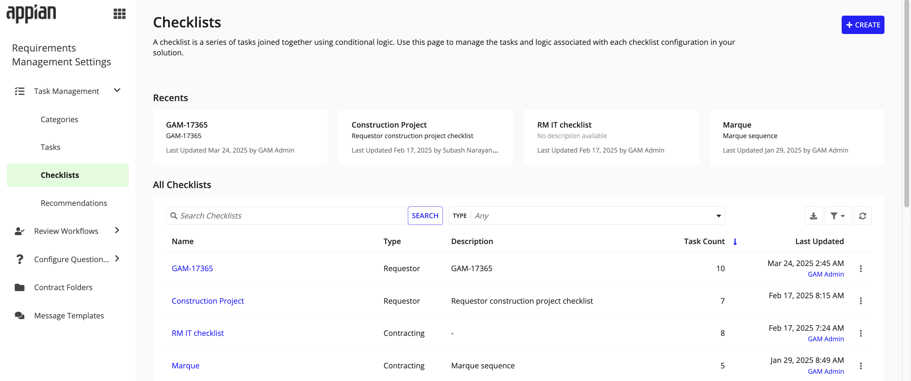 Checklists page showing a filterable list of requirement checklists.