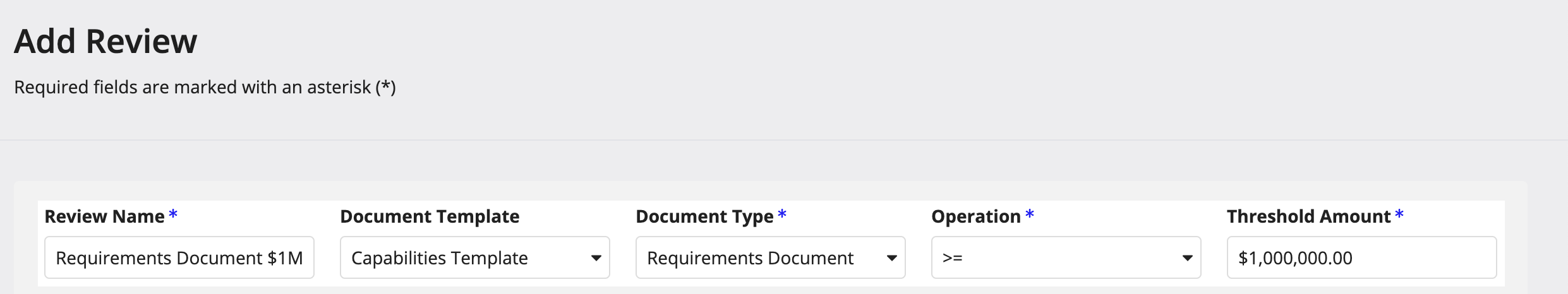 Add Review wizard: document review name, template, type, operation, and threshold fields.