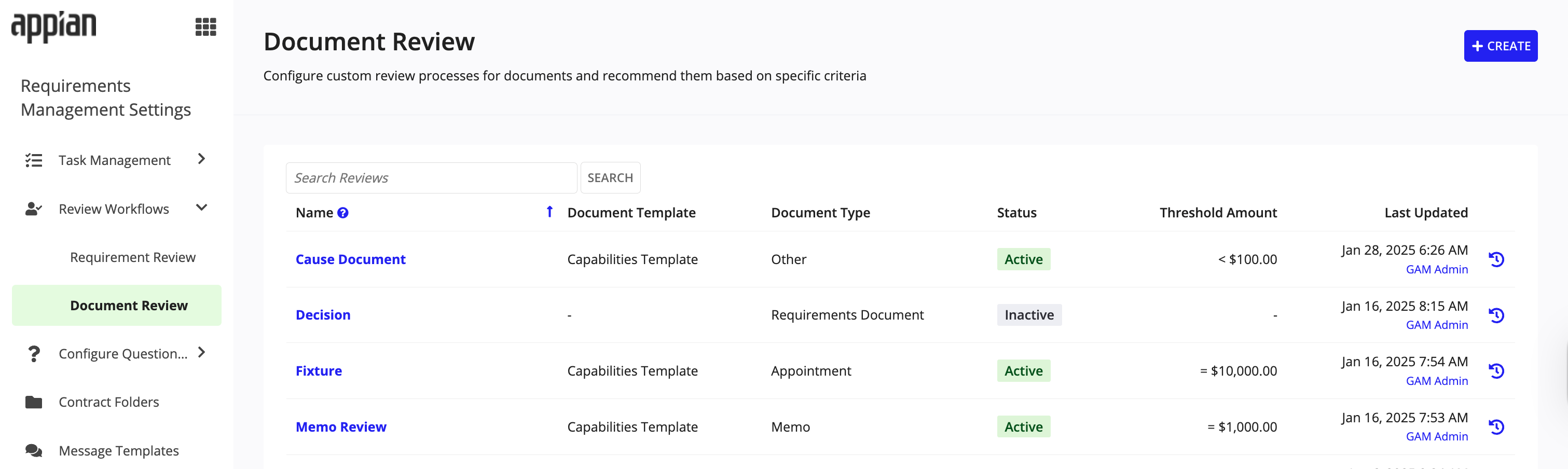 Document Review page listing configured reviews with search and Create button.