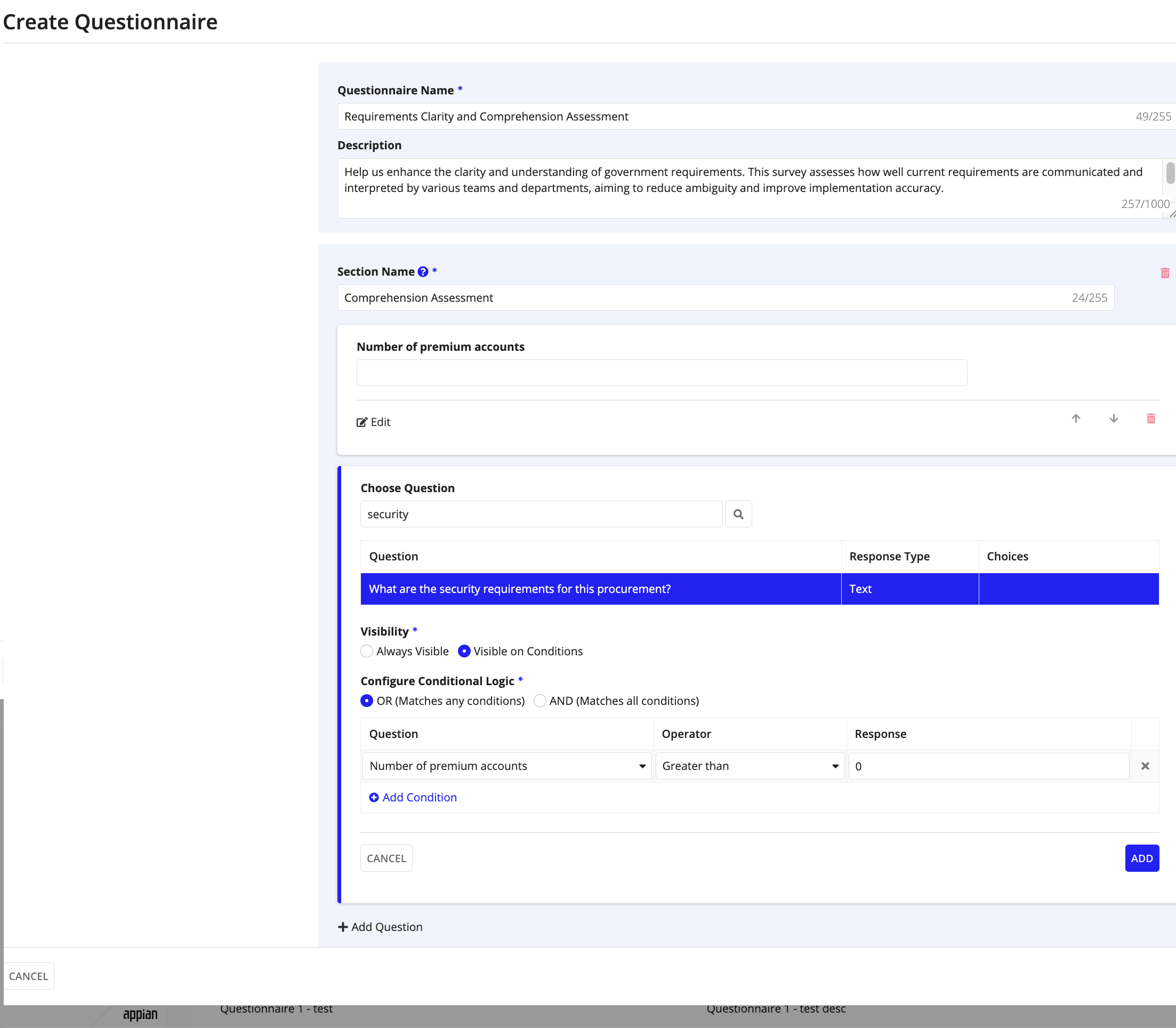 Create Questionnaire wizard: configuring conditional logic for a question.
