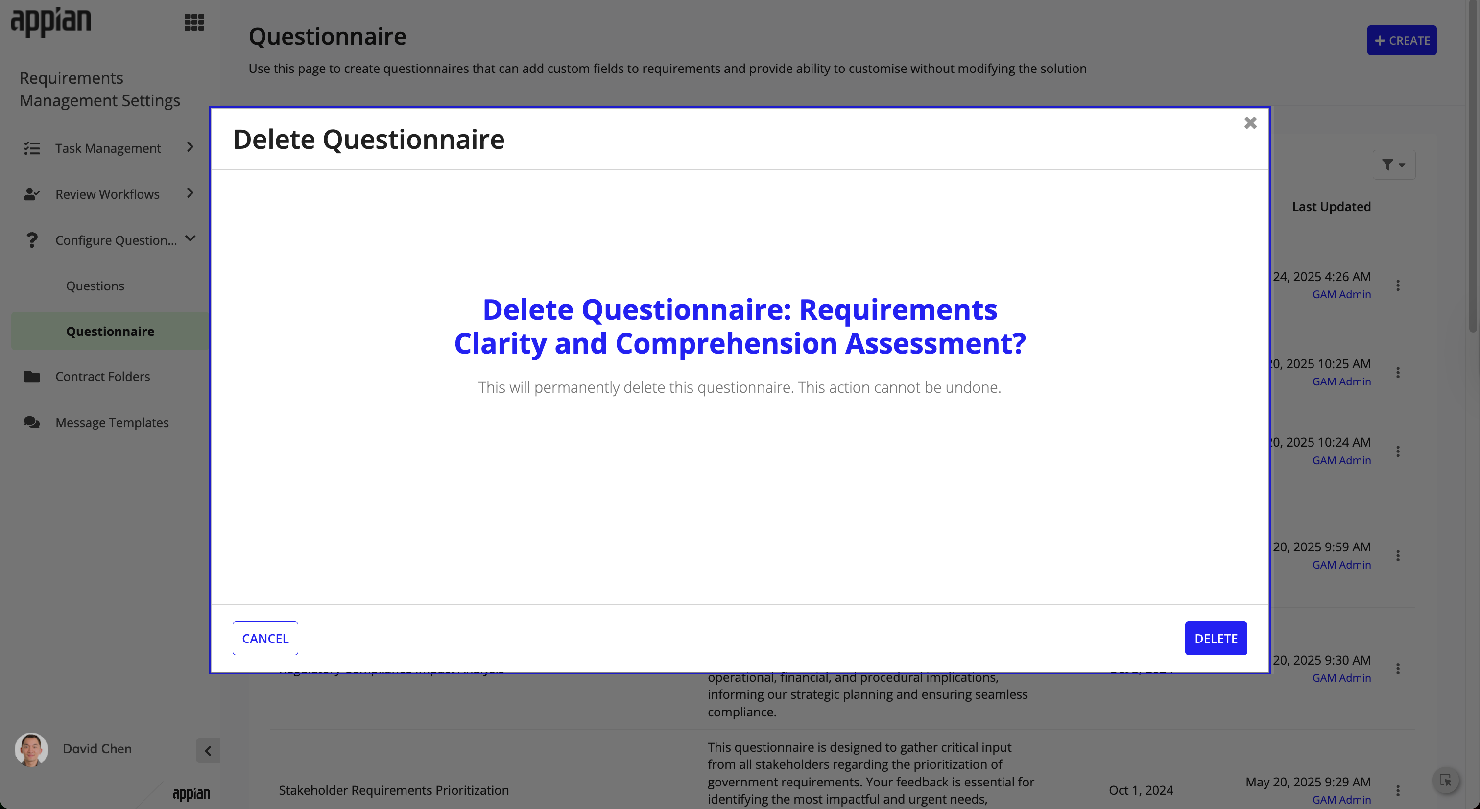 Delete Questionnaire confirmation for 'Laptop Requirements' questionnaire.