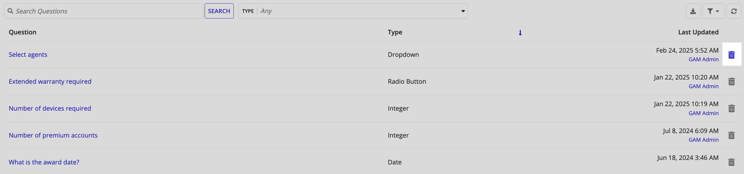 Table of questions with search bar, type filter, and delete options.