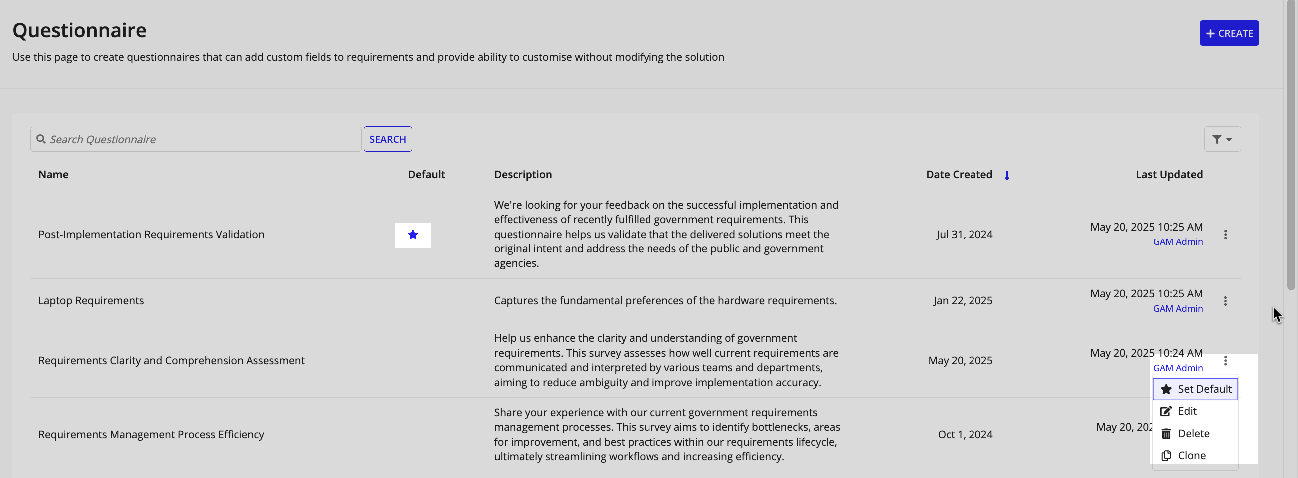 Questionnaire list showing the 'Set Default' action via a dropdown menu.