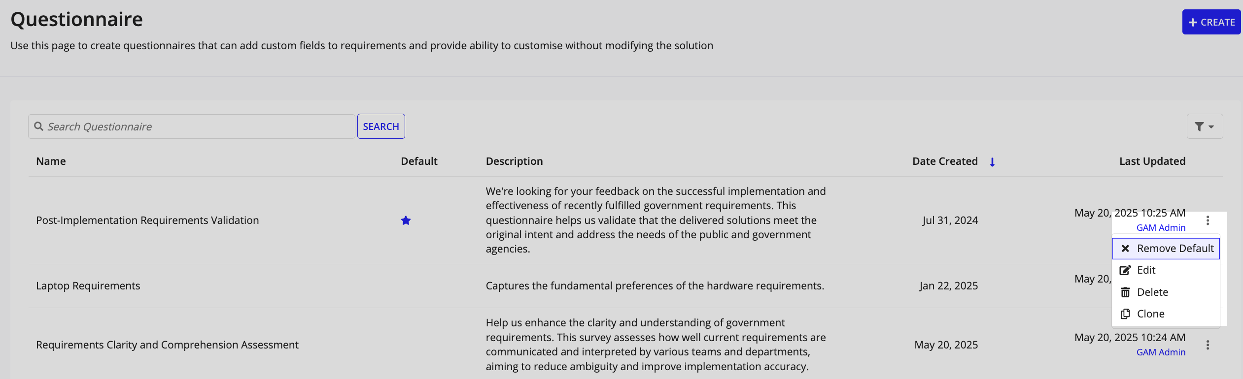 Questionnaire list showing default questionnaire and 'Remove Default' menu option.