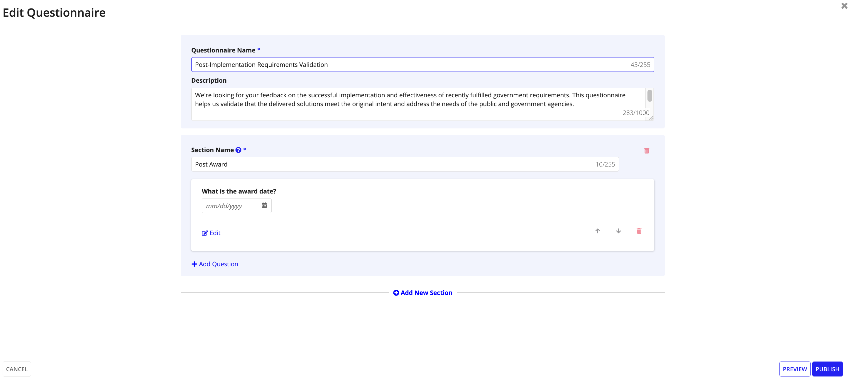 Update Questionnaire wizard with editable fields for questionnaire name, description, and questions.