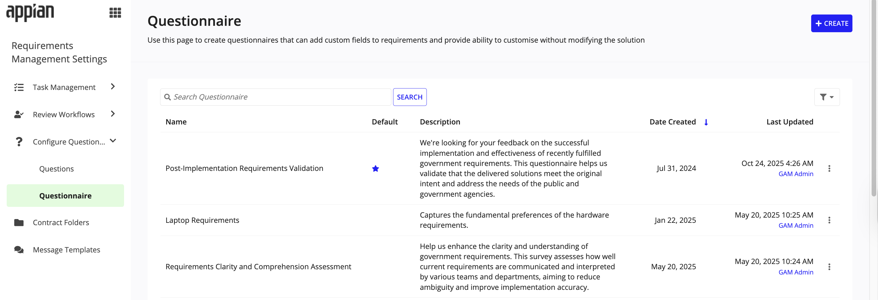 Appian Questionnaire page with searchable list of questionnaires.