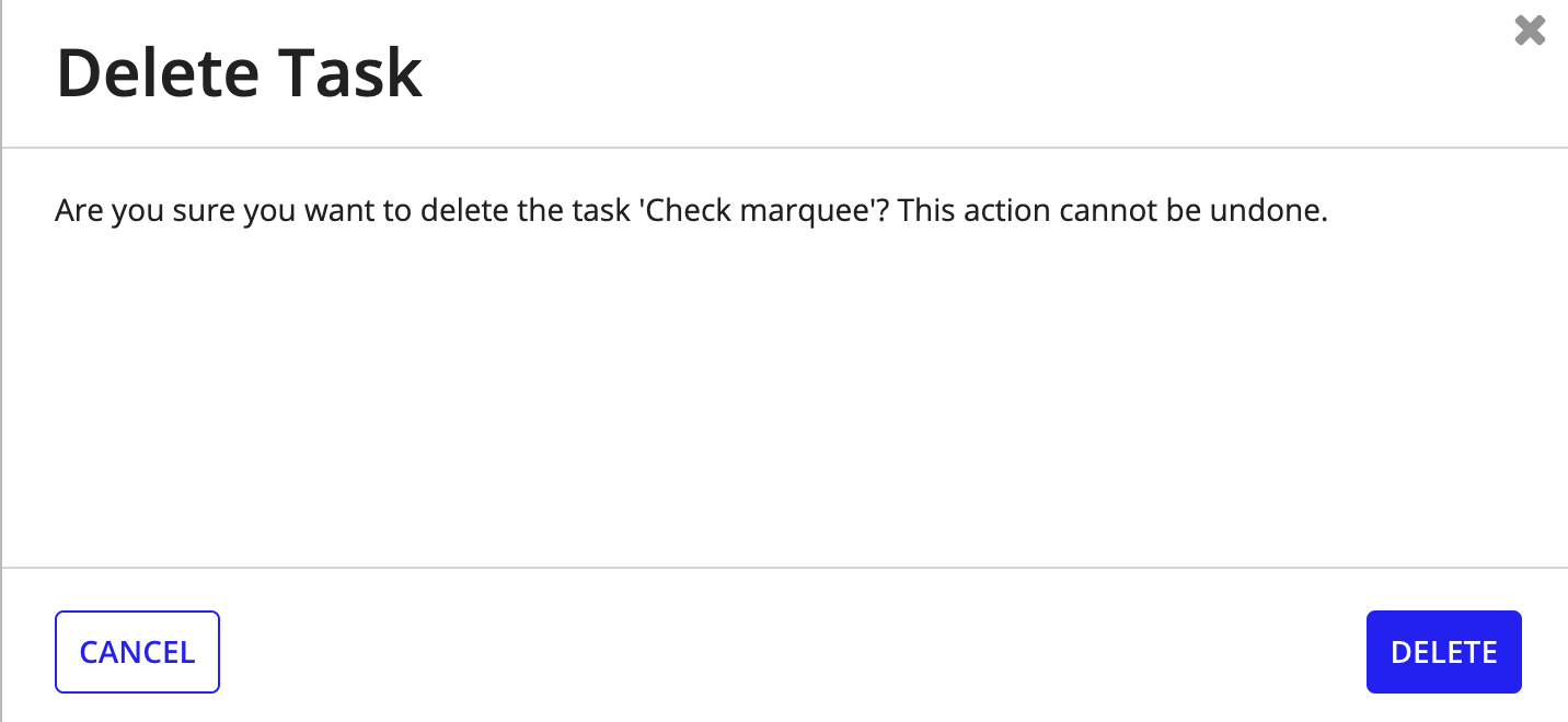 Delete Task confirmation dialog with irreversible action warning.