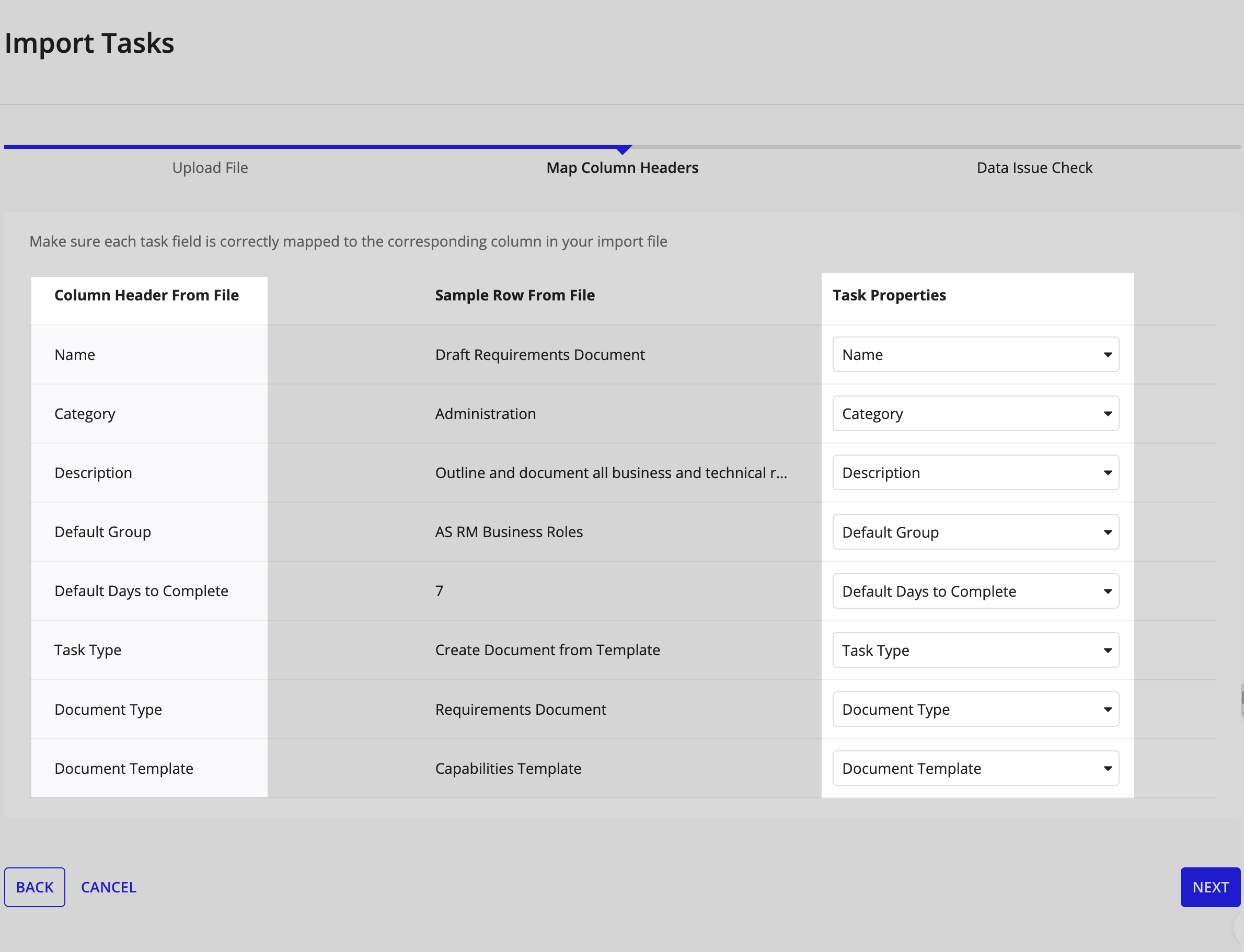 Import Tasks wizard: Mapping spreadsheet column headers to task properties.