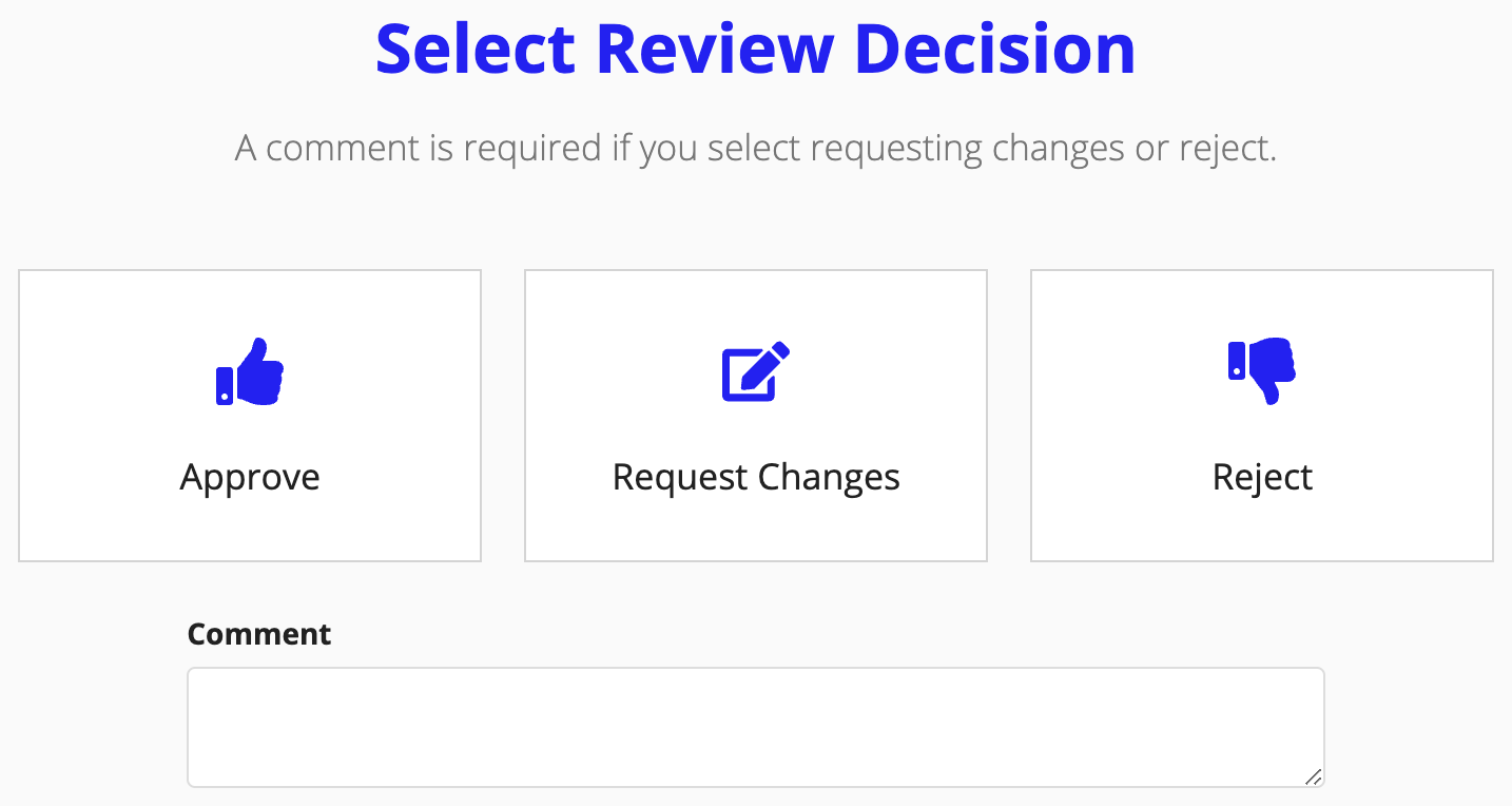 Review task decision options: Approve, Request Changes, or Reject, with a comment field.