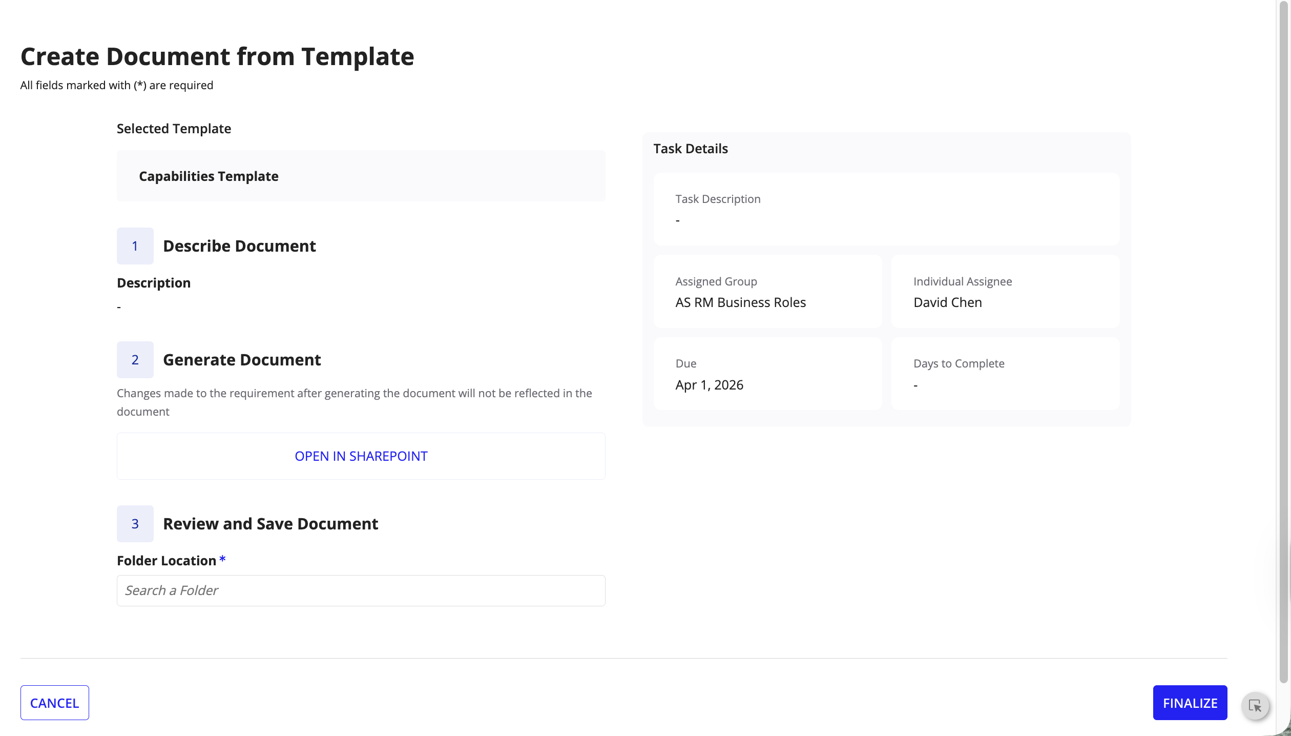 Create Document from Template task: Steps to generate from Capabilities Template.