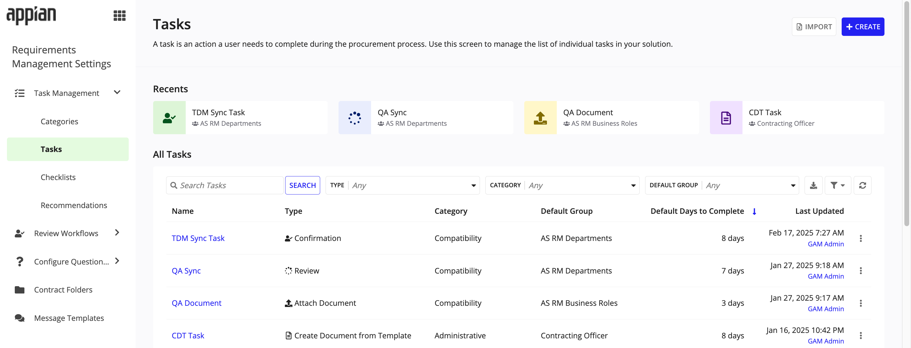 Tasks page showing search and filter fields for Type, Category, and Default Group.