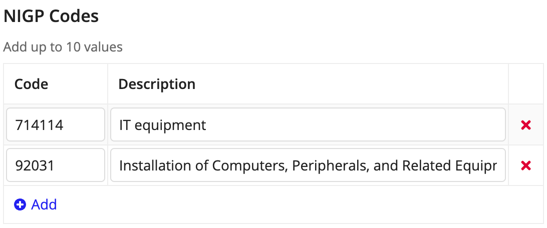 NIGP Codes input table displaying two existing codes and an Add button.