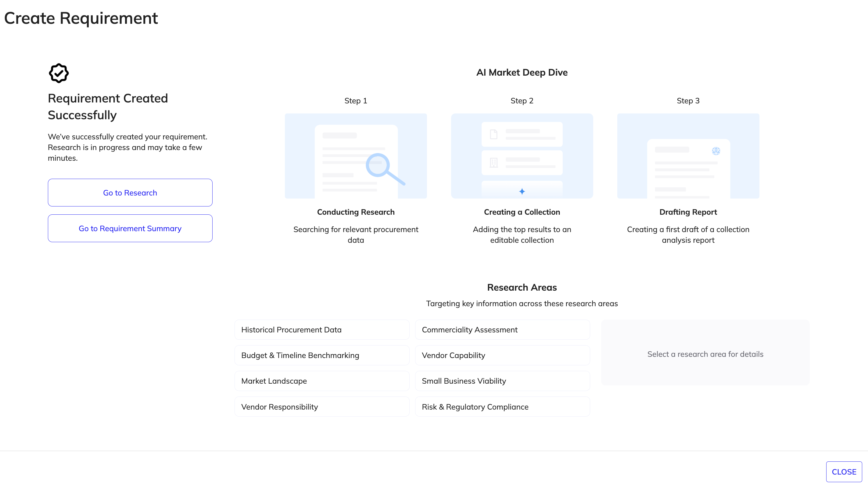 Requirement creation confirmation with options to go to research and summary tabs.