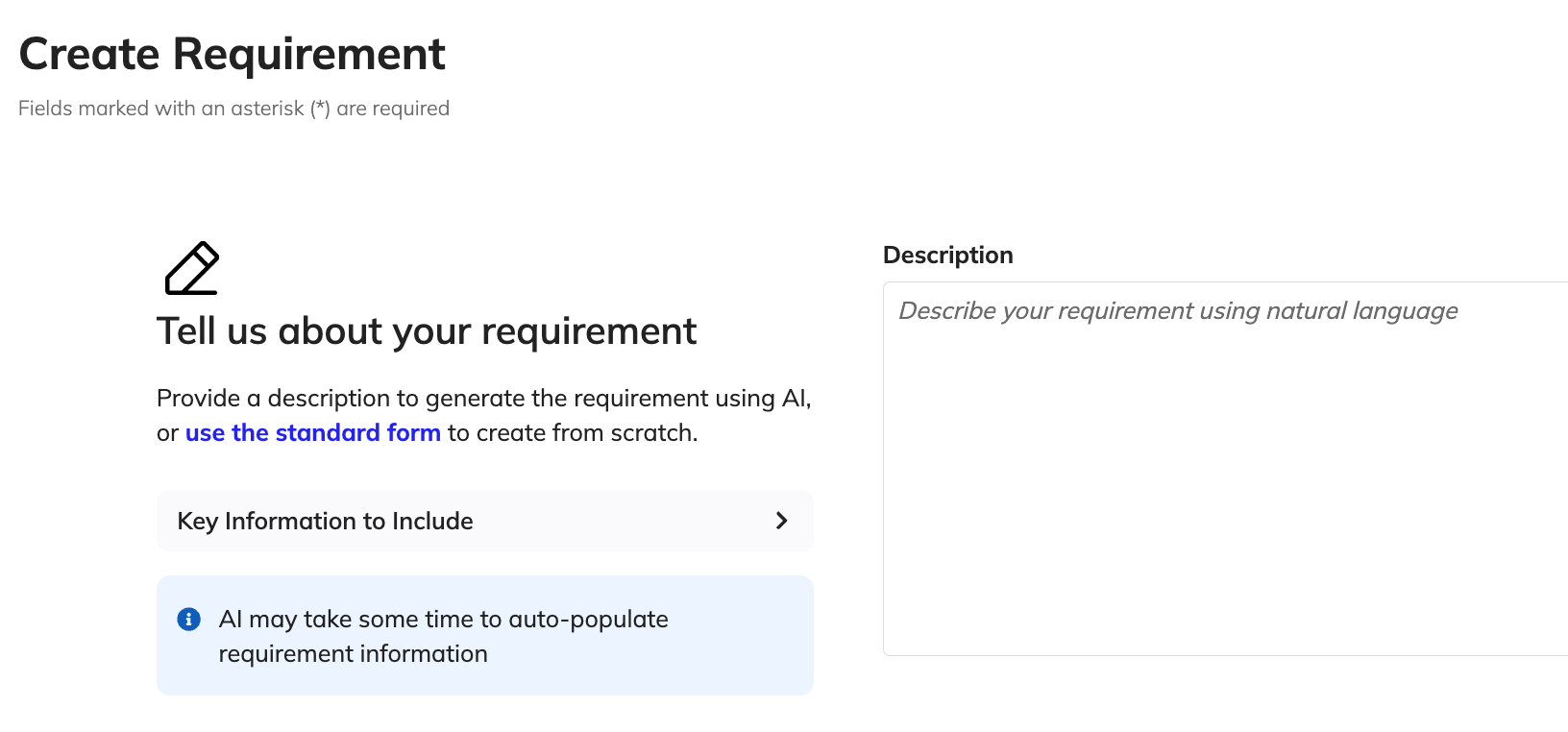 Create Requirement wizard with the option to create requirement manually.