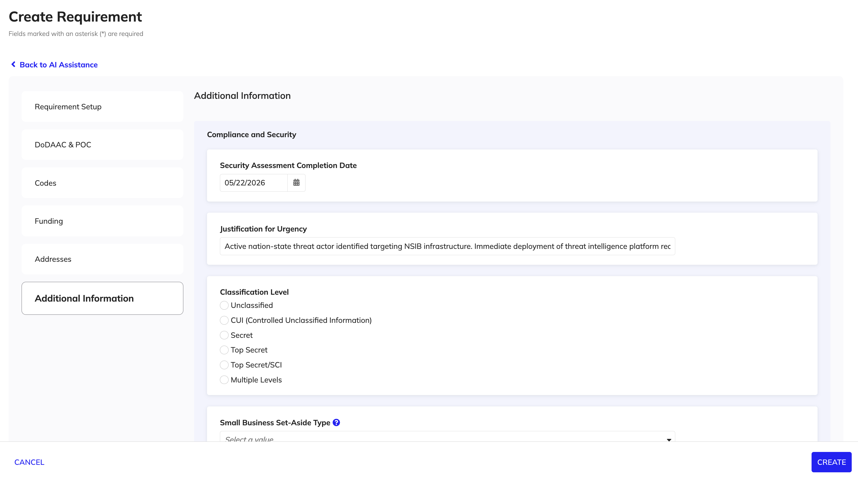 Additional Information tab showing configurable requirement questions.