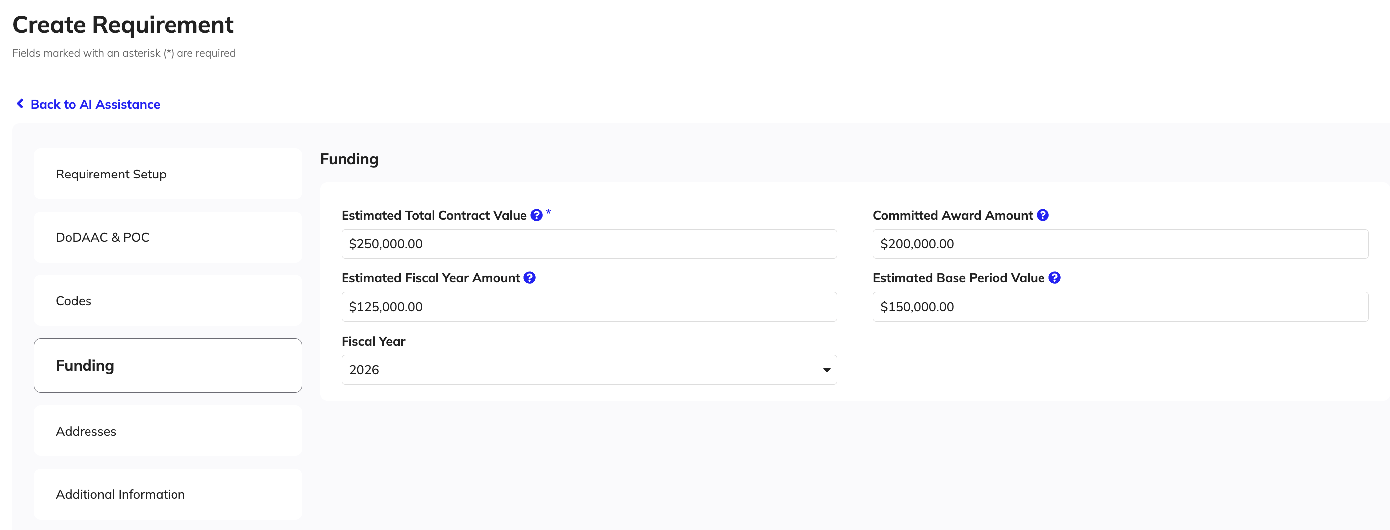 Funding tab showing estimated contract, committed award, and fiscal year amounts.