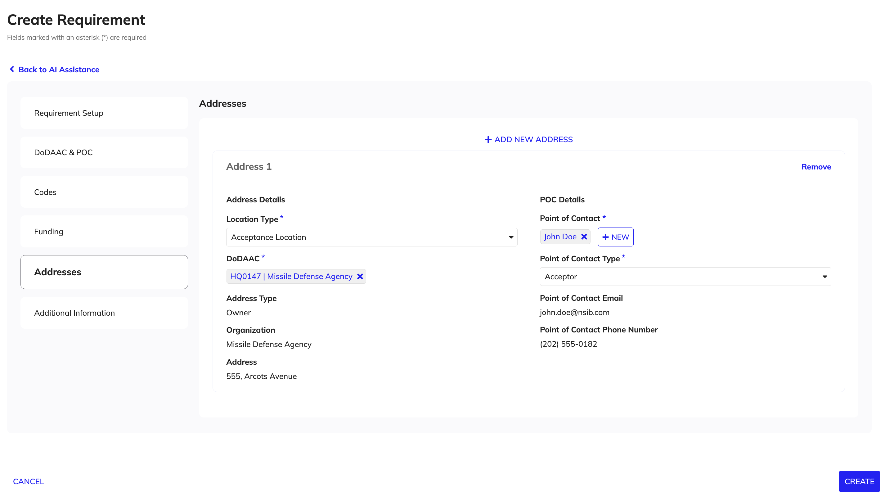 Addresses tab to enter requirement locations and points of contact.