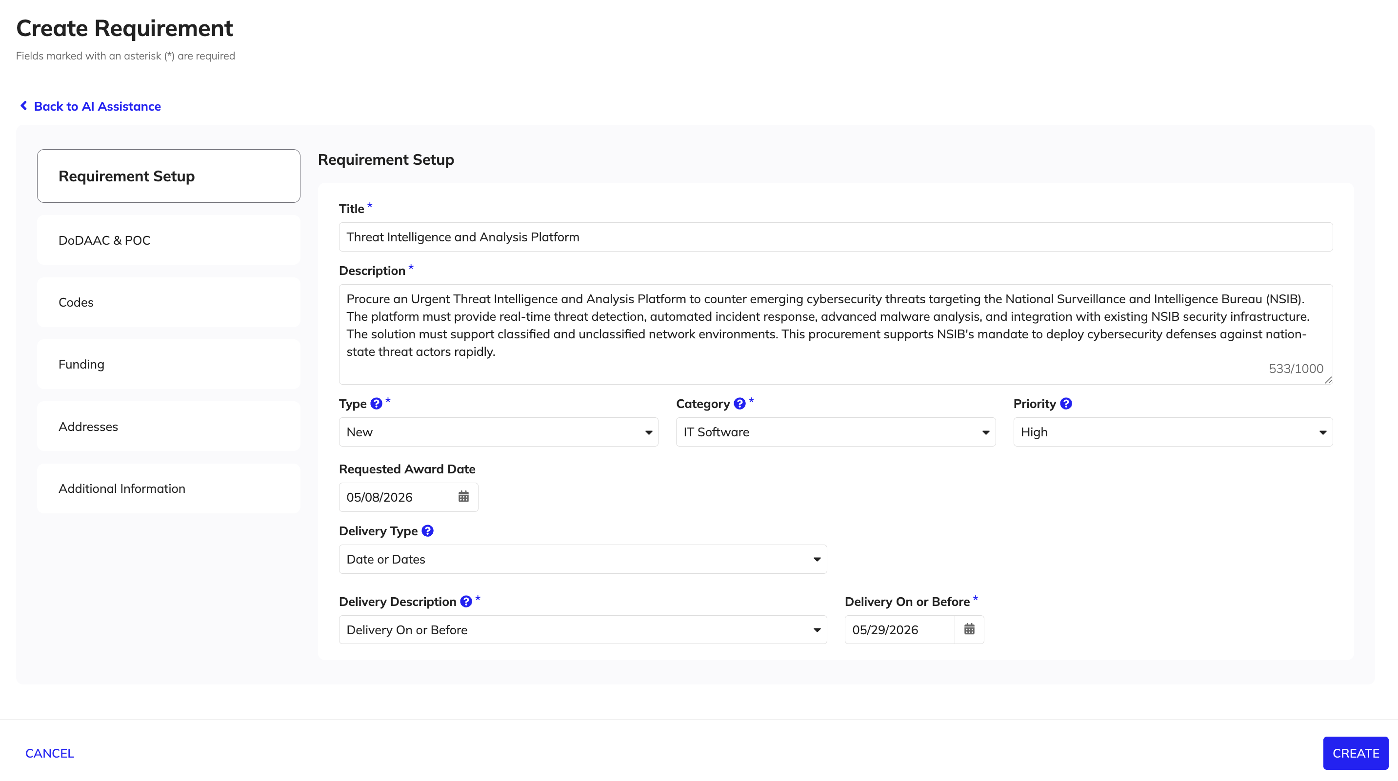 Requirement Setup tab of the Create Requirement wizard.
