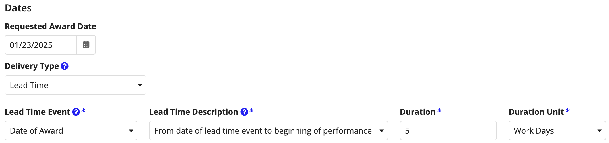 Requirement dates: Lead Time delivery fields for event, description, duration, and unit.