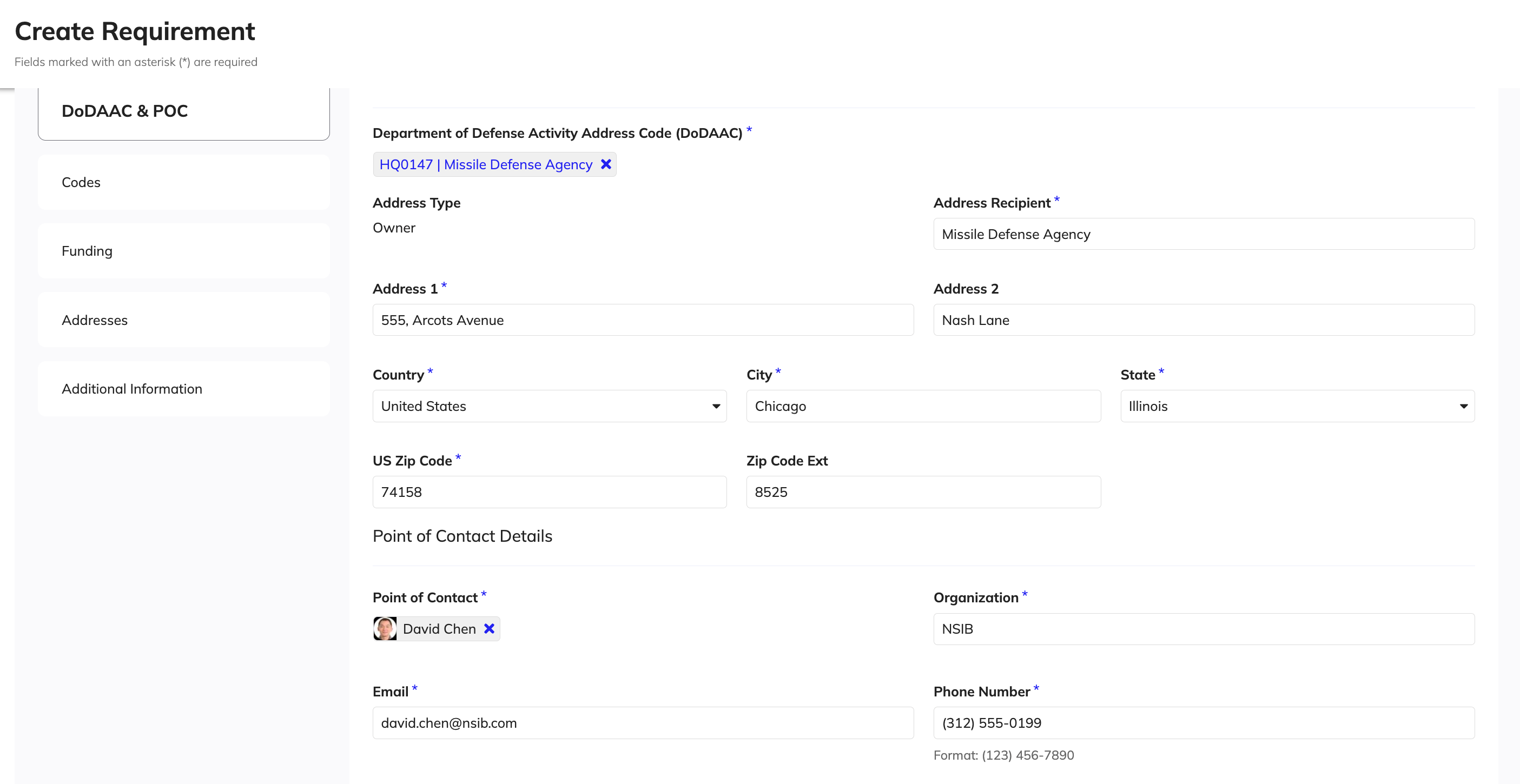 Create Requirement wizard: Requestor tab showing auto-populated DoDAAC and contact details.