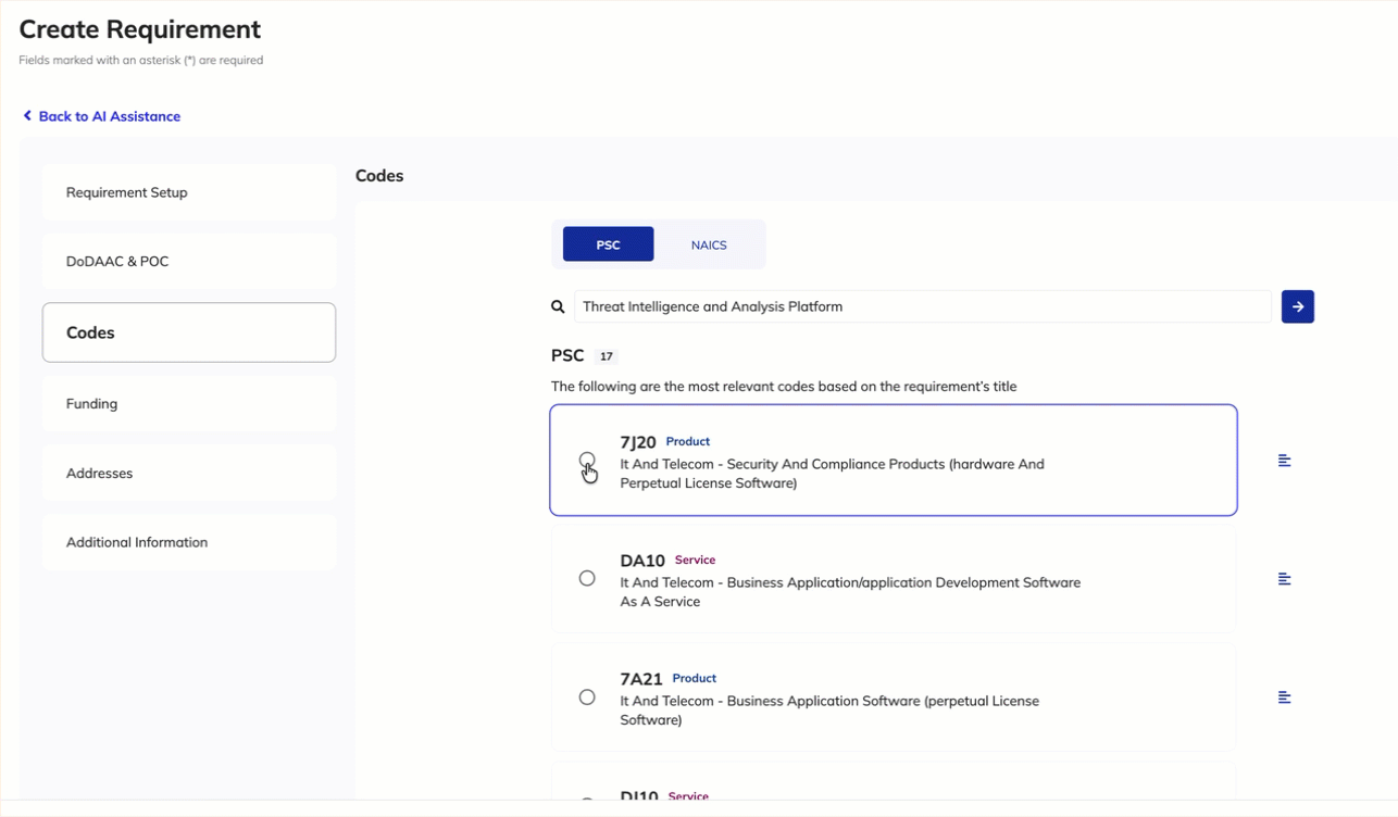 Codes tab: PSC and NAICS code selection with semantic search in action