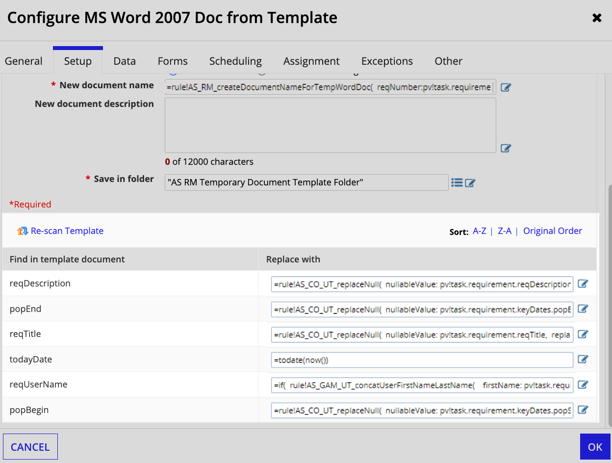 Template auto-population setup: fields to find and their replacement values.