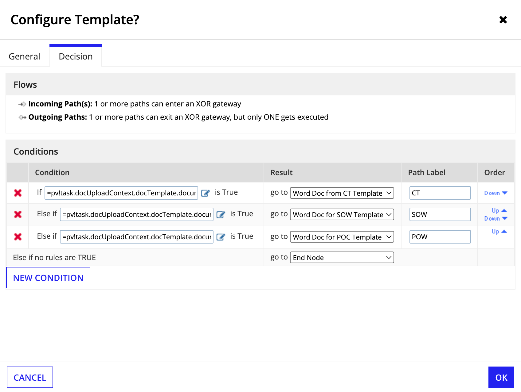 Adding a new condition to an XOR gateway decision tab for template auto-population.