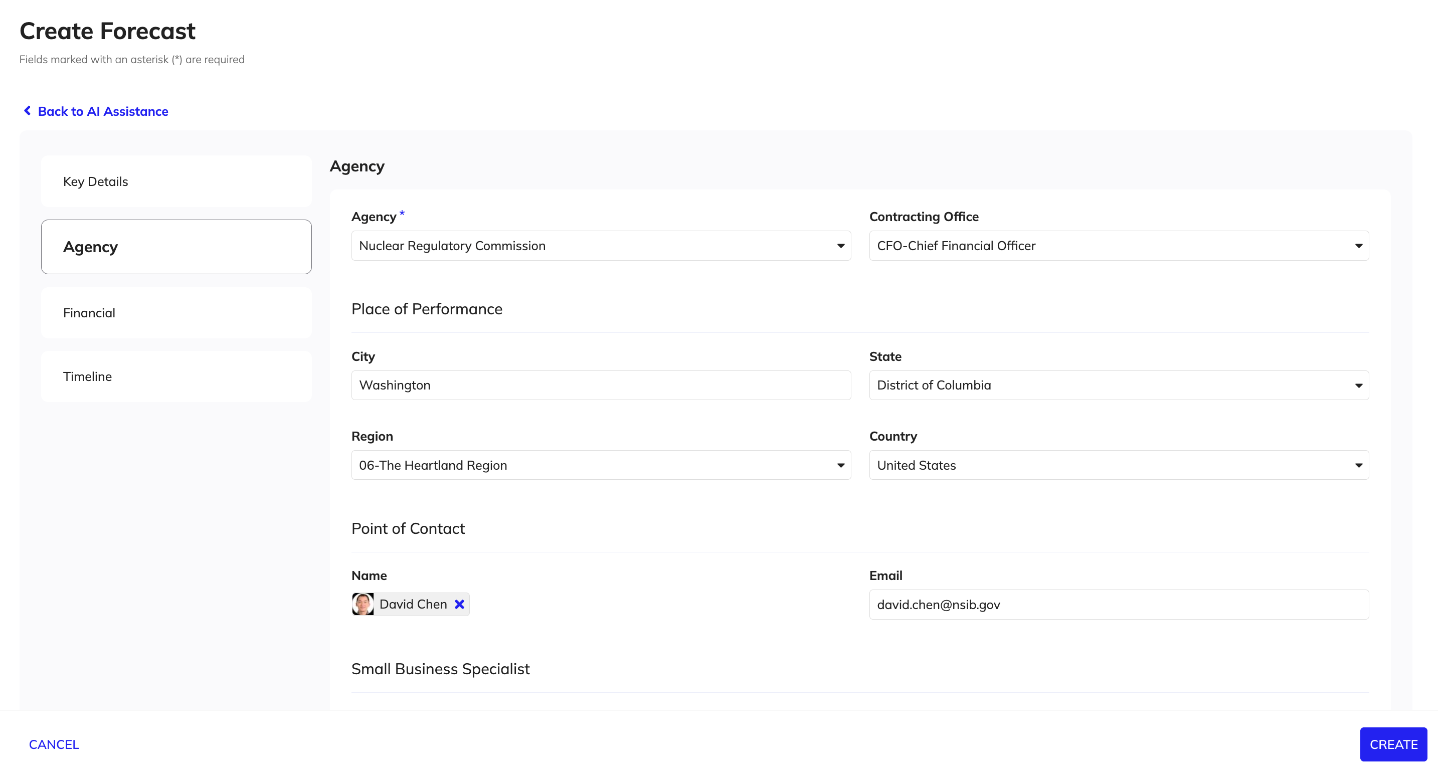 Create Forecast form: Agency section with agency, contracting office, place of performance, and point of contact fields.
