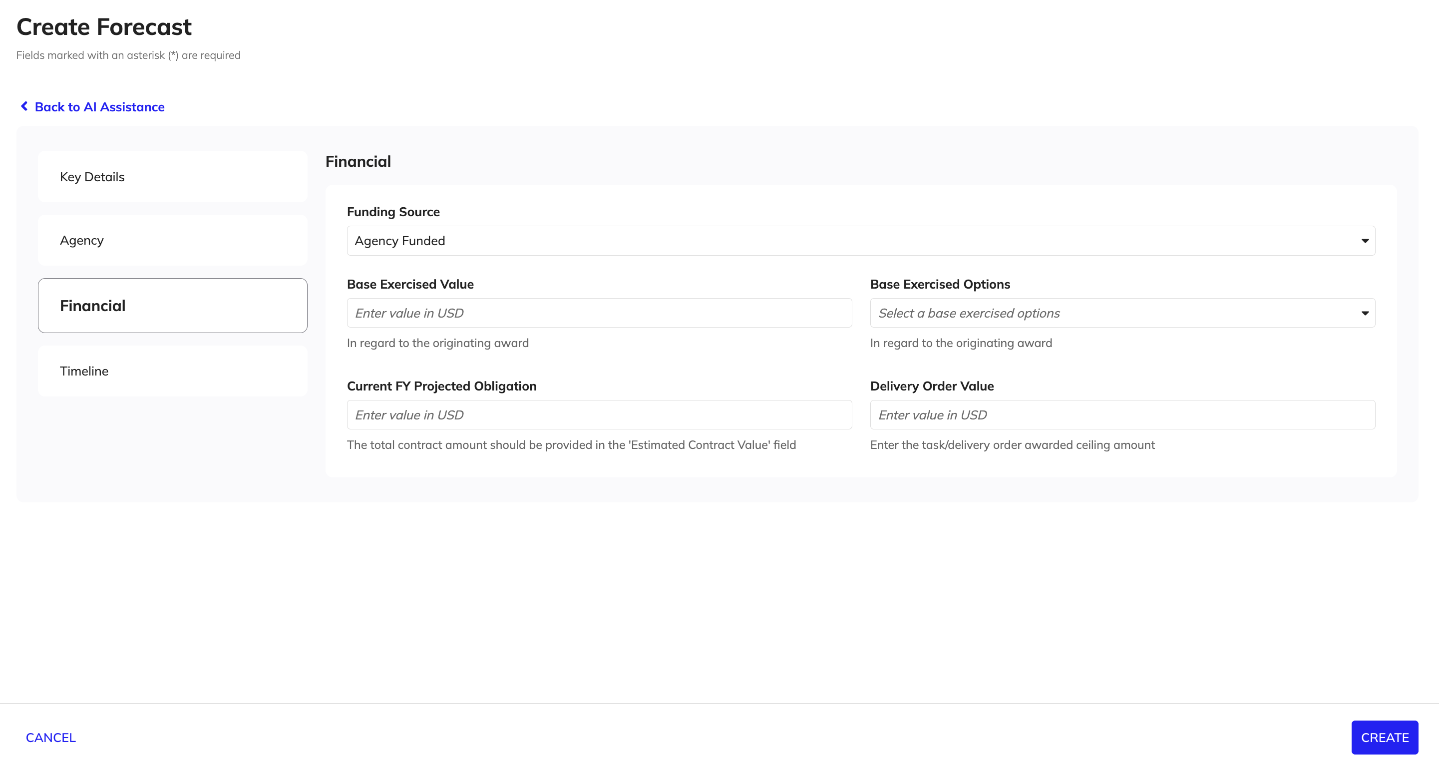 Create Forecast form: Financial section with funding source, base exercised values, projected obligation, and delivery order value.