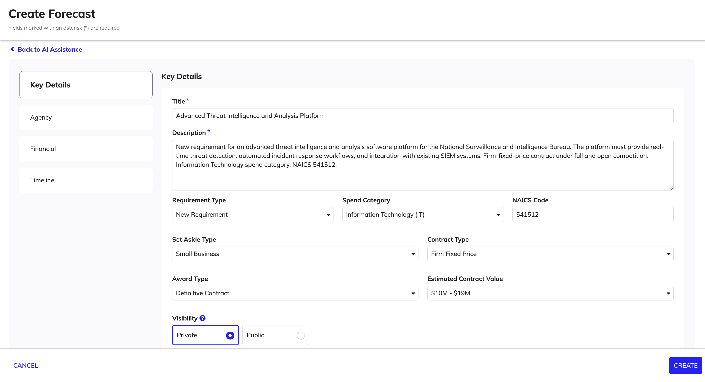 Create Forecast form: Key Details section with title, description, requirement type, spend category, and visibility fields.