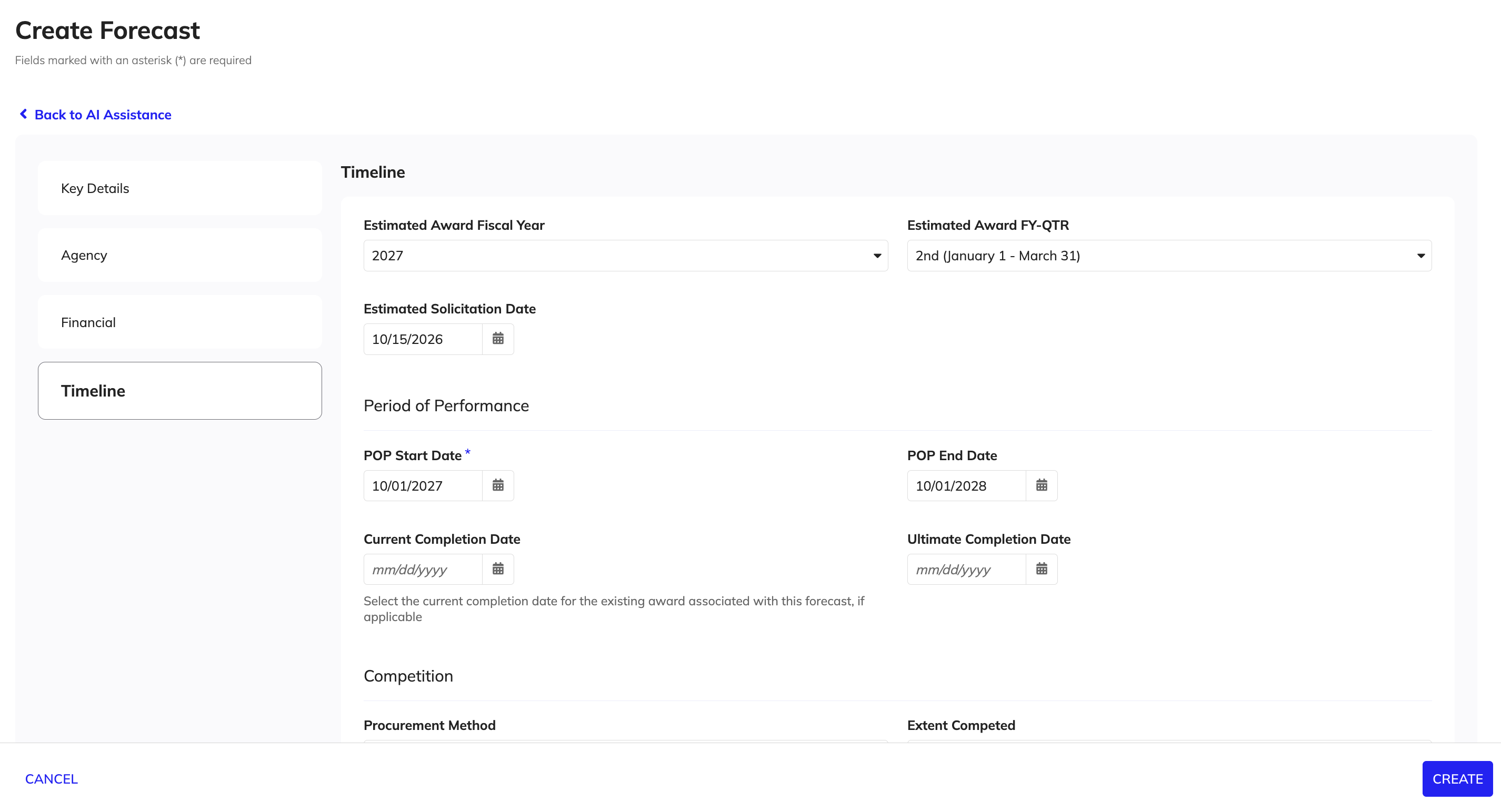 Create Forecast form: Timeline section with fiscal year, award quarter, solicitation date, period of performance, and competition fields.