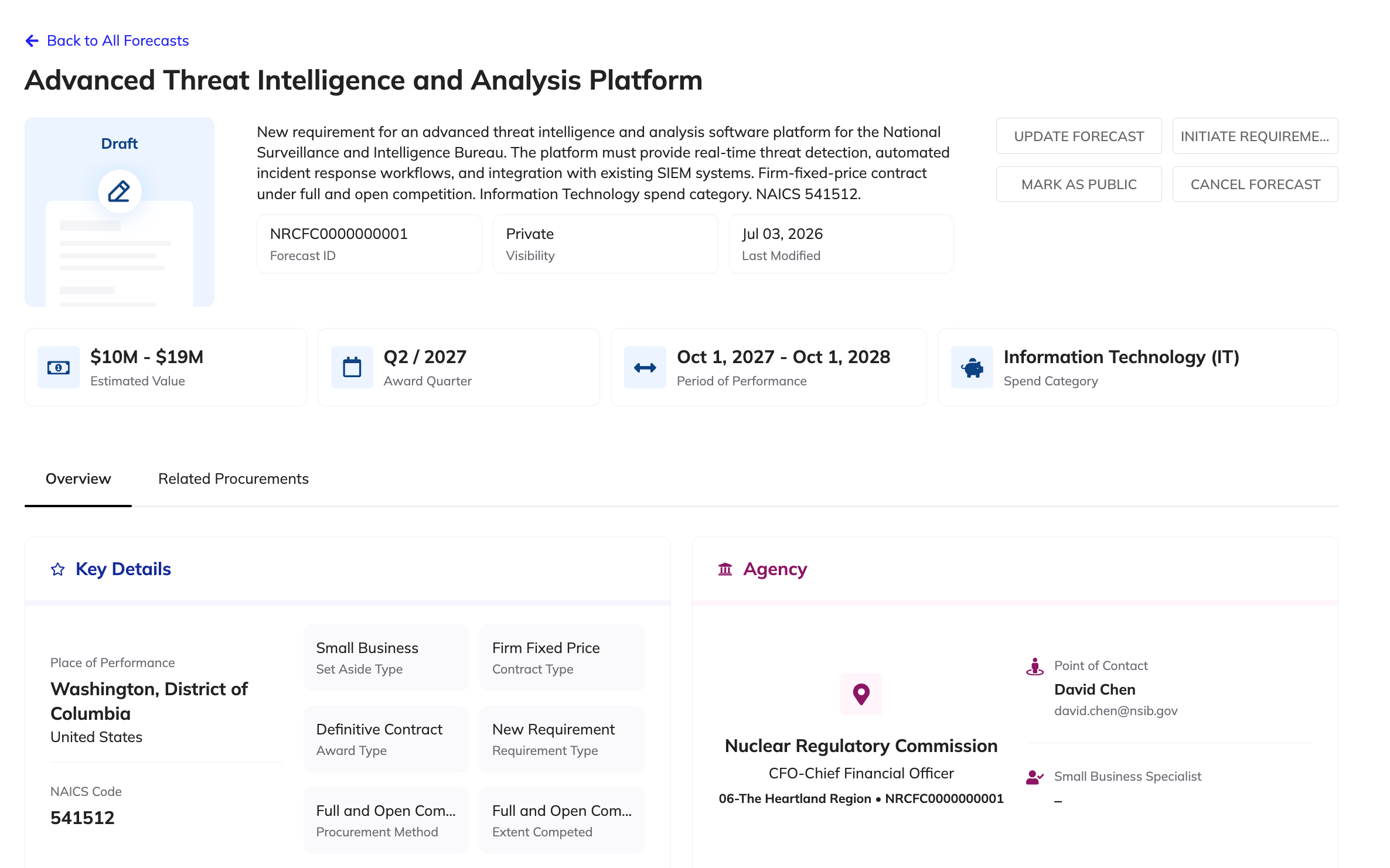 Forecast summary showing Overview tab with Key Details, Agency, Funding, Timeline sections and record actions.