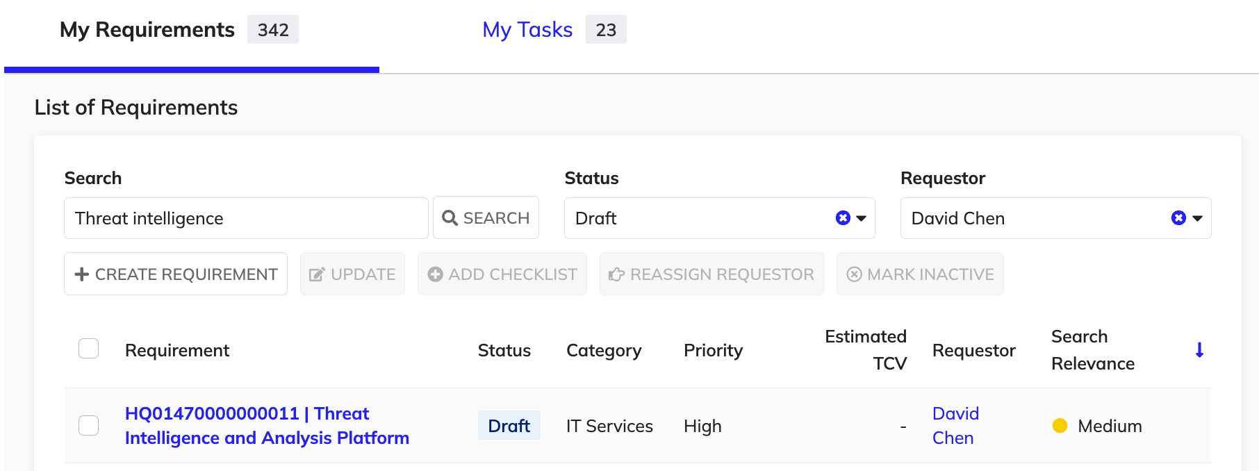 My Requirements tab: requirement list, search, filters, and +CREATE REQUIREMENT button.