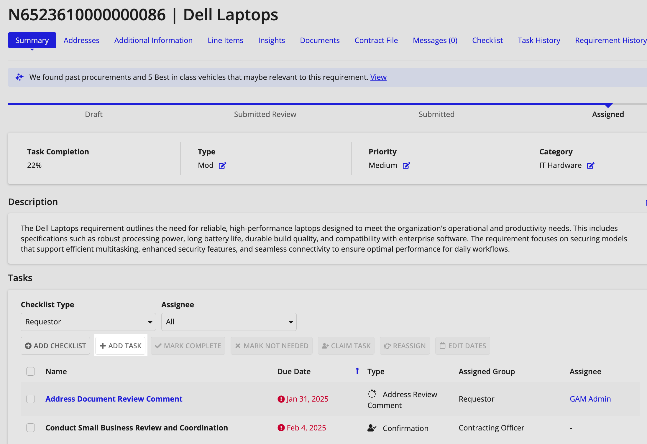 Requirement Summary tab displaying tasks, filterable by Checklist Type and Assignee.