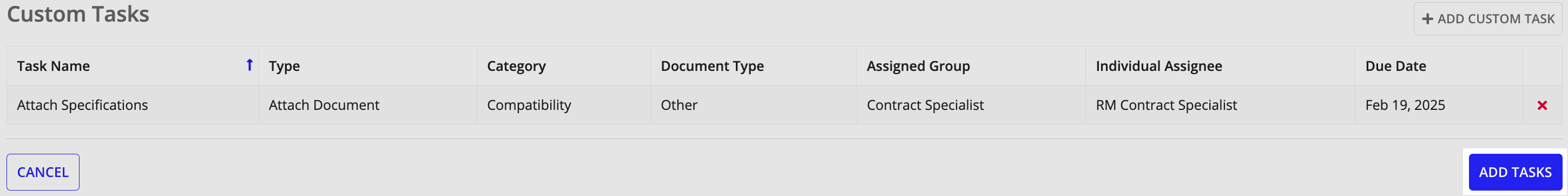 Custom Tasks section with a task ready for checklist addition.