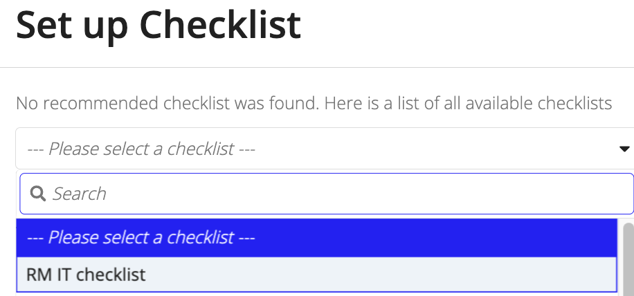 Set up Checklist wizard showing the checklist dropdown.