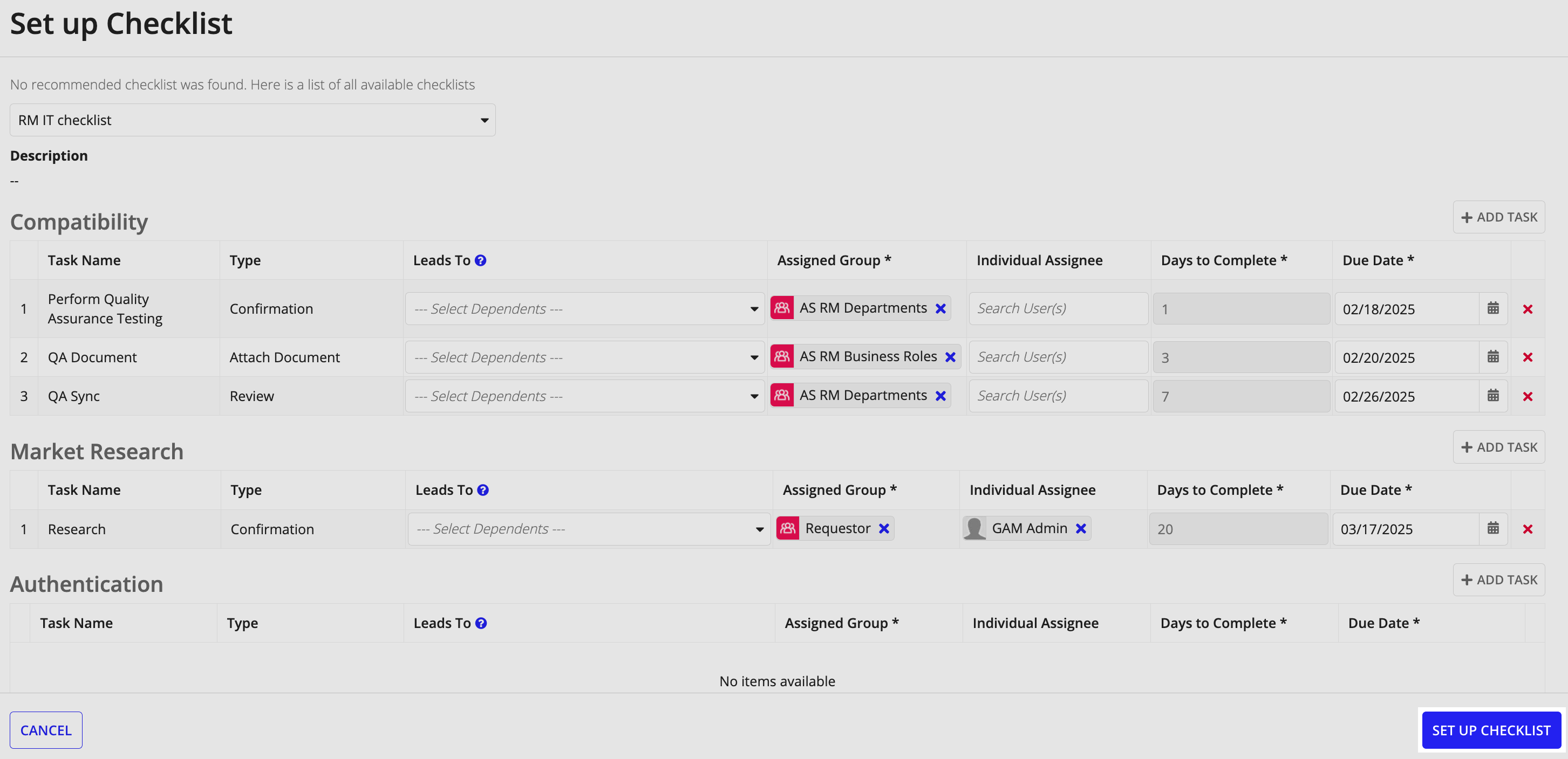 Set up Checklist screen: auto-populated tasks by category, with assigned groups and due dates.