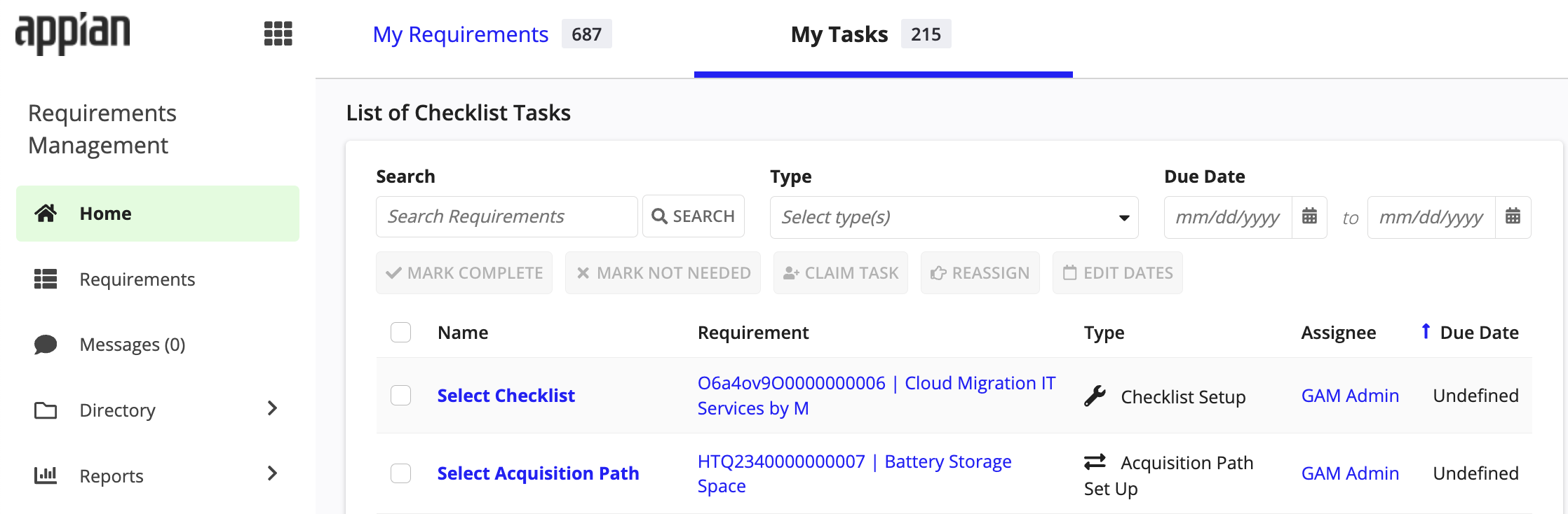 My Tasks tab displaying a list of checklist tasks with search and filter options.