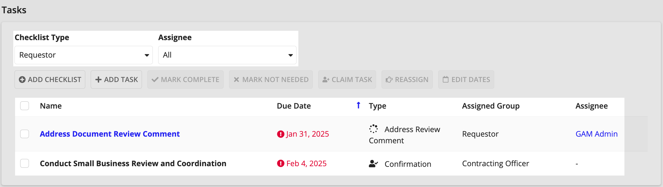 Tasks list for a requirement, showing filters for Checklist Type and Assignee.
