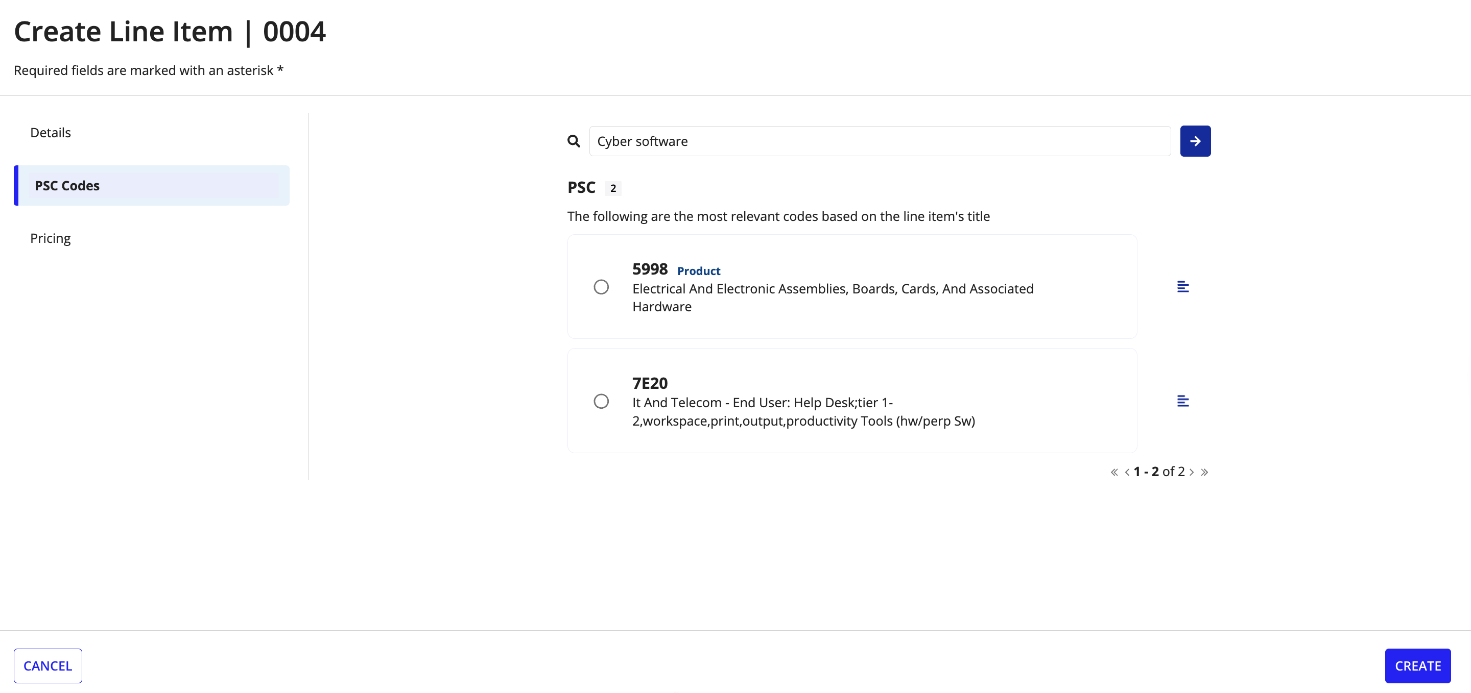 Create Line Item wizard with Details, PSC Codes, and Pricing tabs.