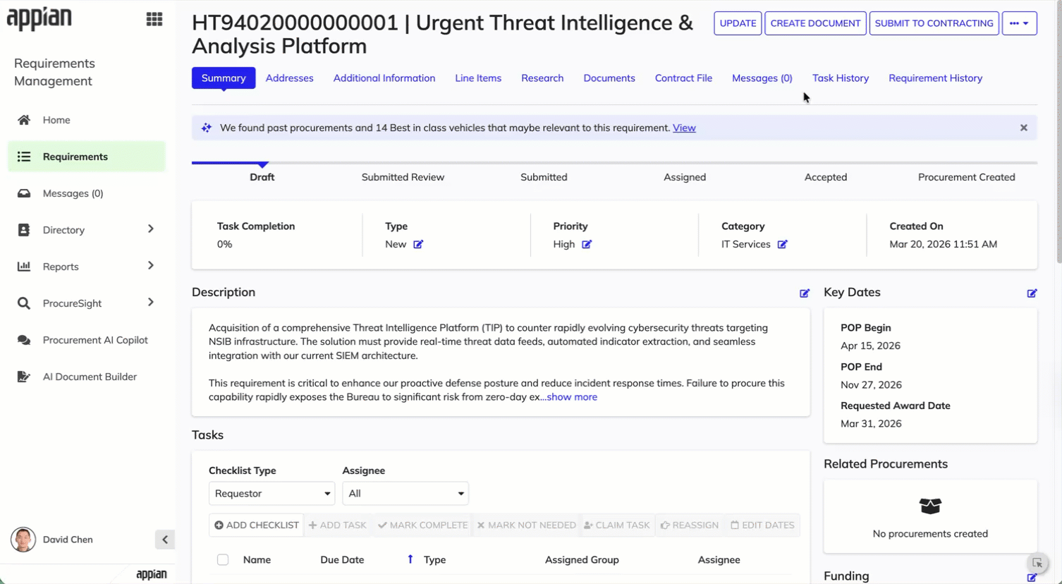 Process showing creation of requirement documents using AI from the summary page.
