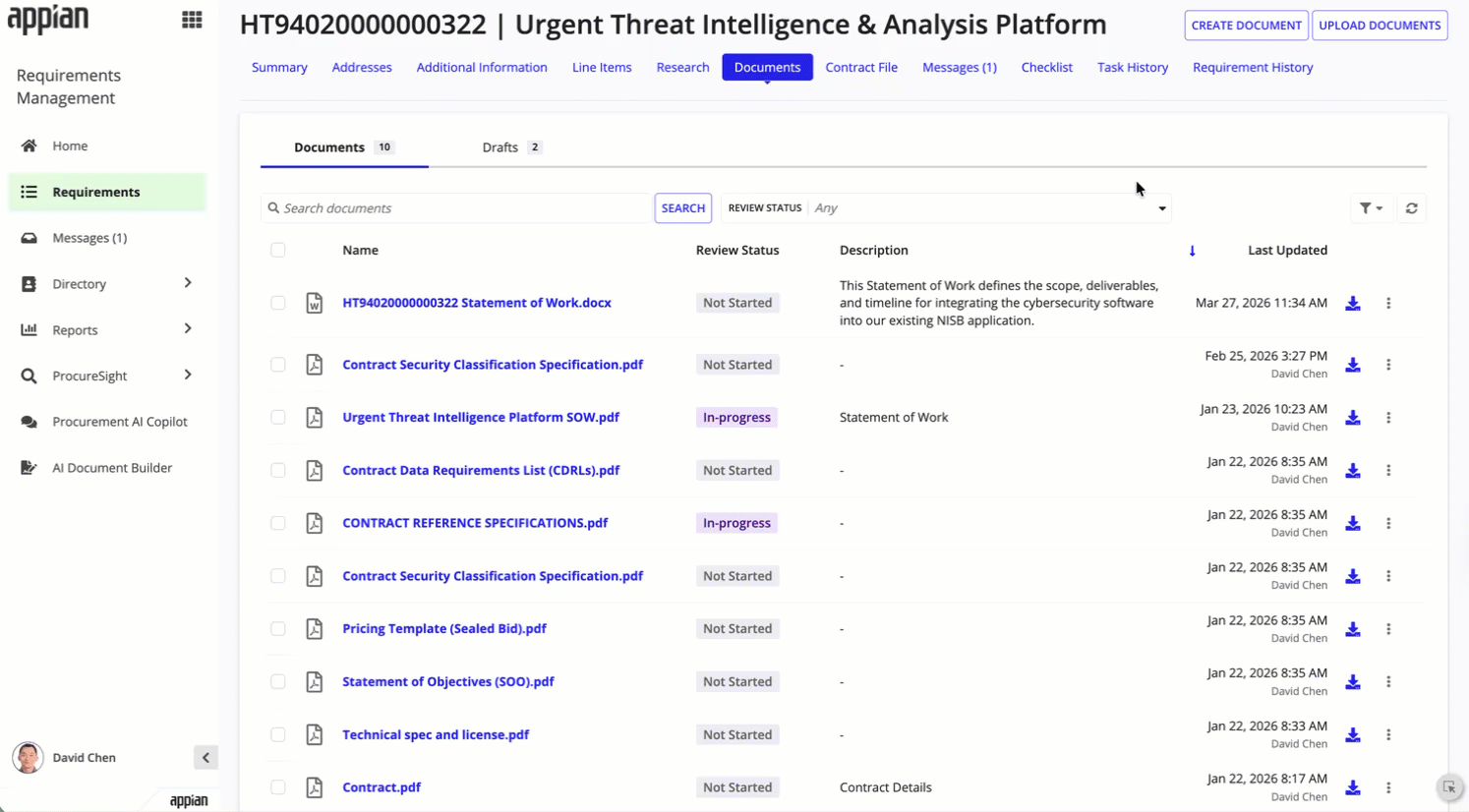 Process showing creation of requirement documents using AI from the summary page.
