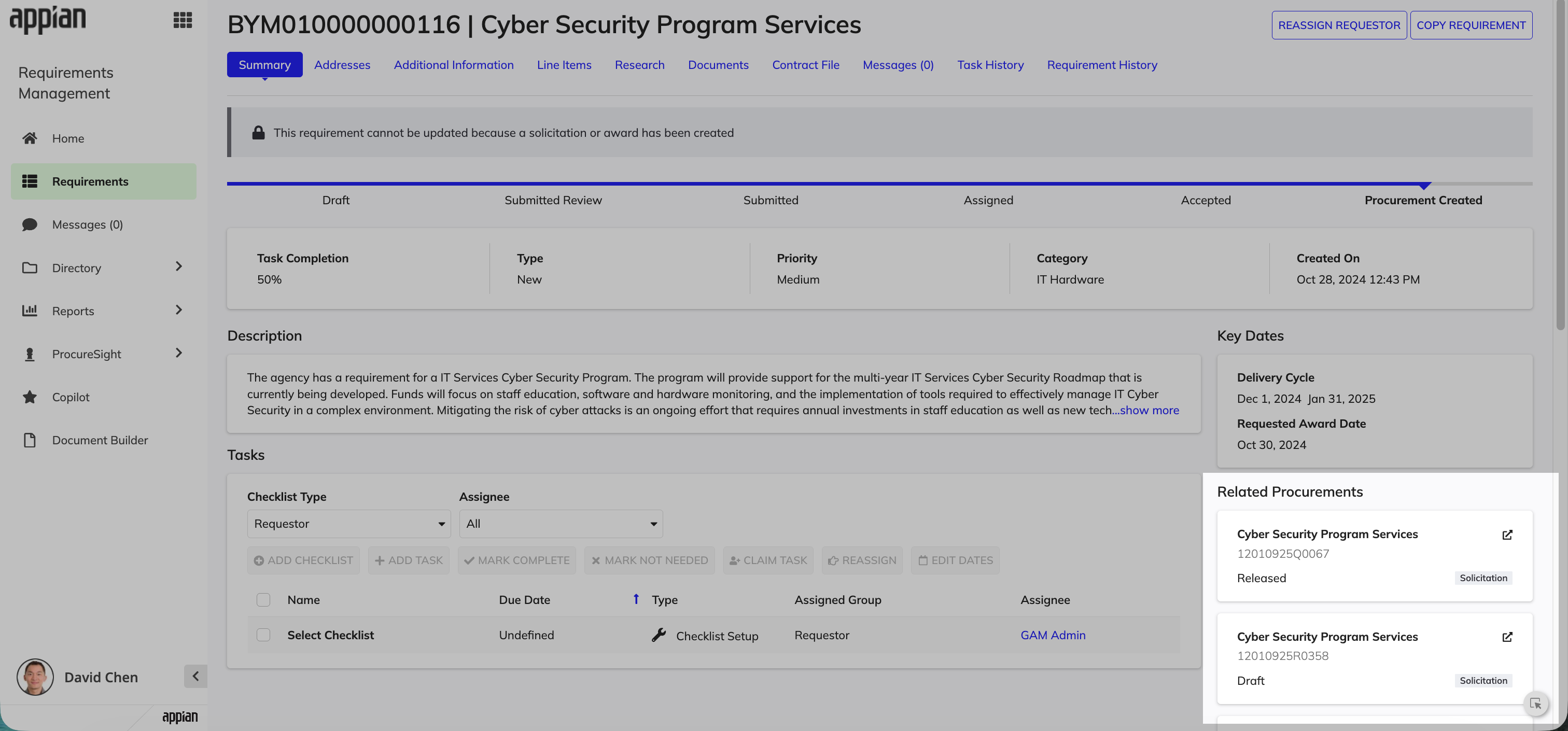 Contract Writing integration showing solicitation linked to accepted requirement.