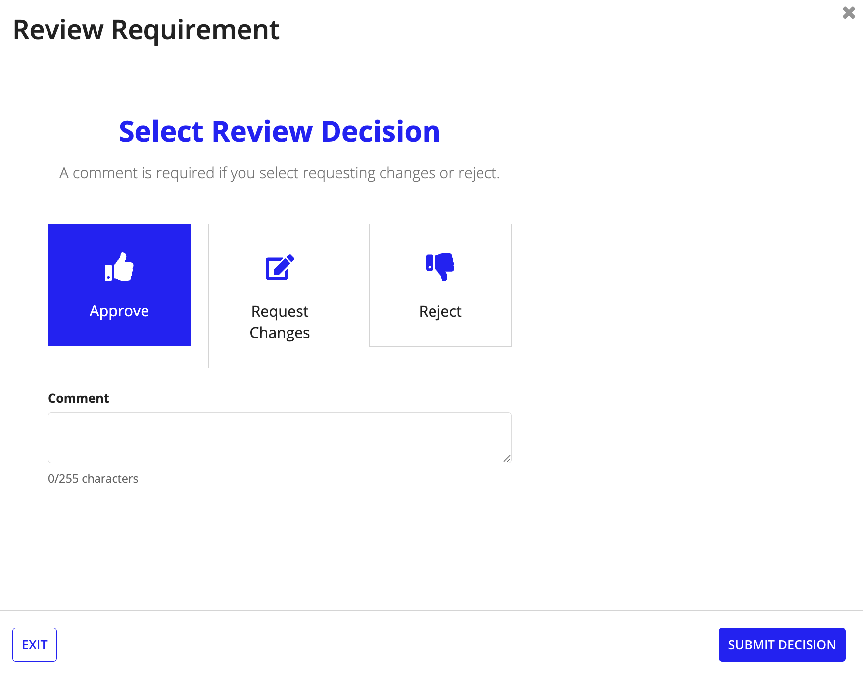 Review Requirement dialog with Approve, Request Changes, and Reject options.