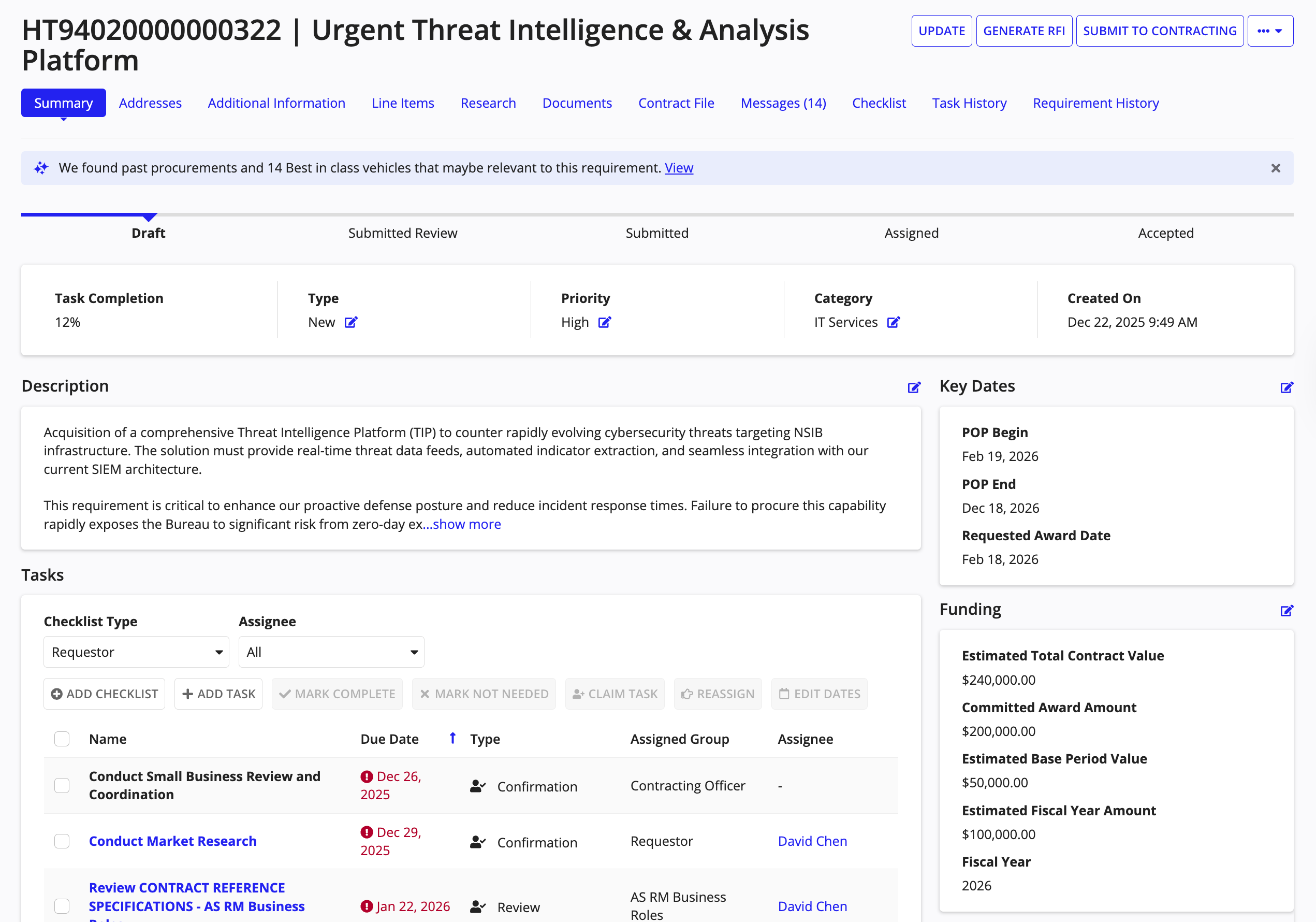 Requirement summary page showing details such as progress, tasks, key dates, and funding.