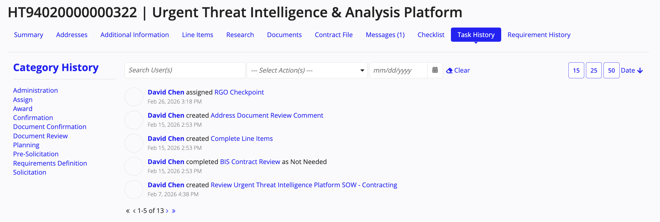 Task History tab showing audit history of tasks and task category filters.