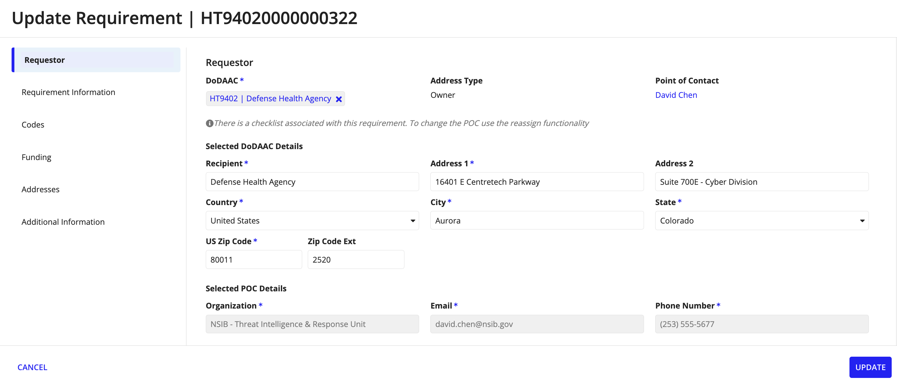 Update Requirement wizard showing editable fields.